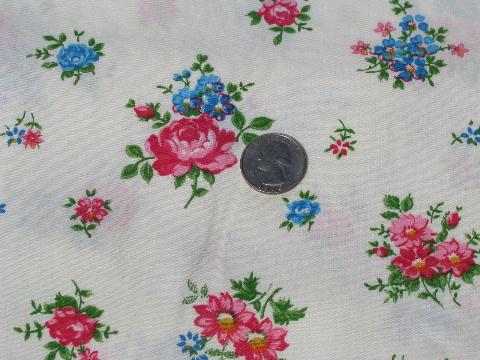 vintage cotton quilting weight fabric, printed w/ blue & pink roses