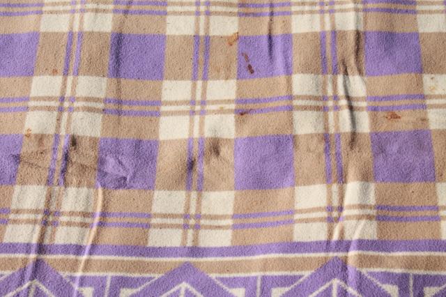 vintage cotton / rayon camp blanket, lavender & tan plush bed blanket never used