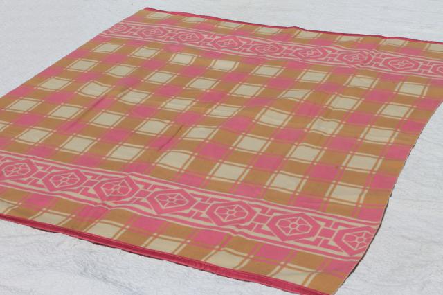 vintage cotton / rayon camp blanket, pink & tan plush bed blanket never used