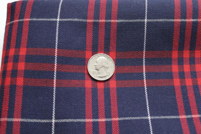 vintage cotton rayon fabric, navy blue & red tartan plaid, soft twilled weave material