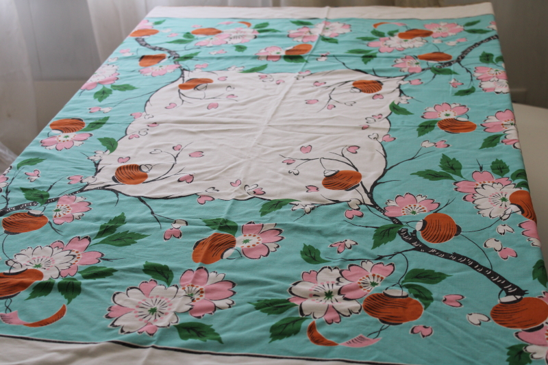 vintage cotton rayon tablecloth, Sakura cherry blossom w/ Japanese lanterns print