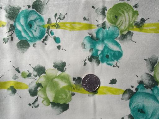 vintage cotton sateen fabric, aqua / yellow roses and ribbons floral print