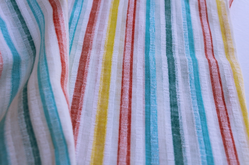 vintage cotton seersucker fabric, aqua yellow red teal stripes on crisp white