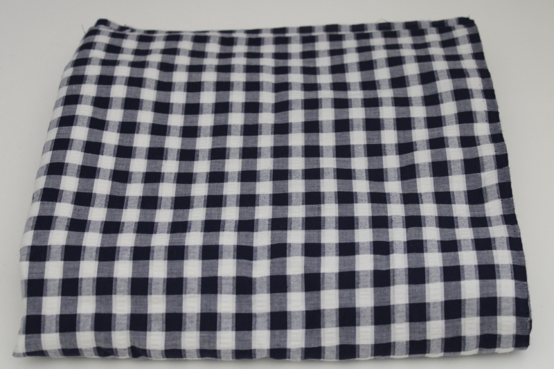 vintage cotton seersucker fabric, navy blue  white gingham checked woven pattern