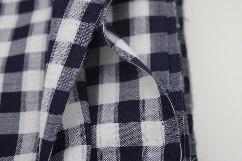 vintage cotton seersucker fabric, navy blue  white gingham checked woven pattern