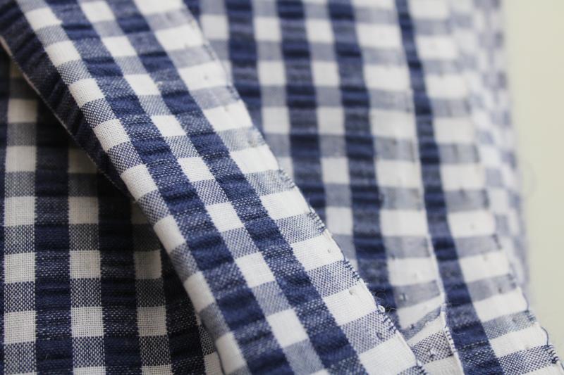 vintage cotton seersucker fabric, preppy navy blue & white checked gingham