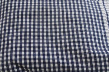 vintage cotton seersucker fabric, preppy navy blue & white checked gingham