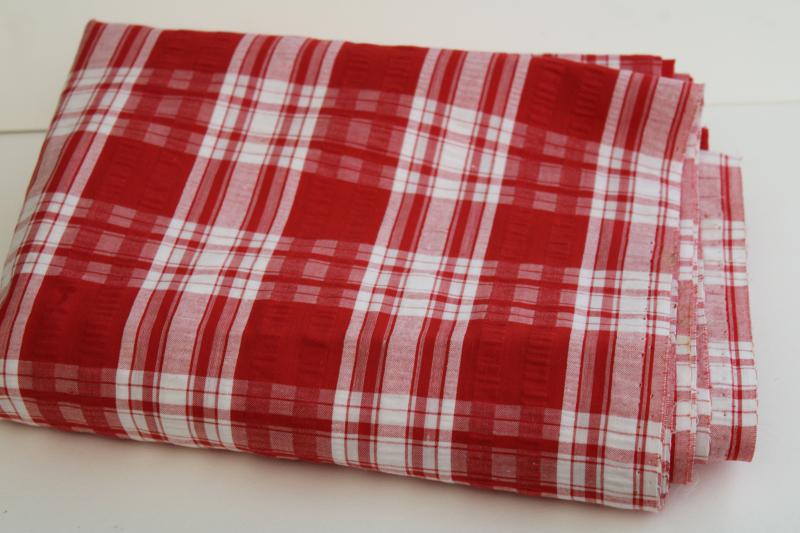 vintage cotton seersucker fabric, red & white plaid for summer sewing projects