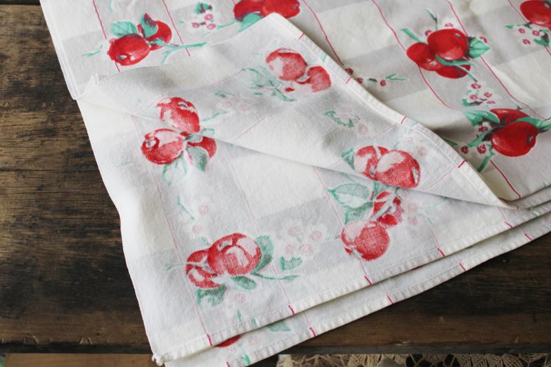 vintage cotton tablecloth for upcycle fabric or retro kitchen, apples & apple blossom