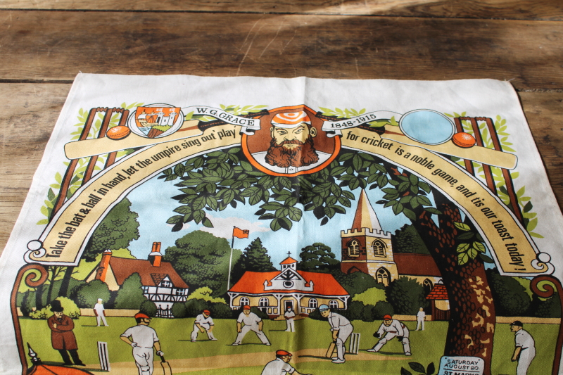 vintage cotton tea towel, English cricket game village green print tribute to WG Grace