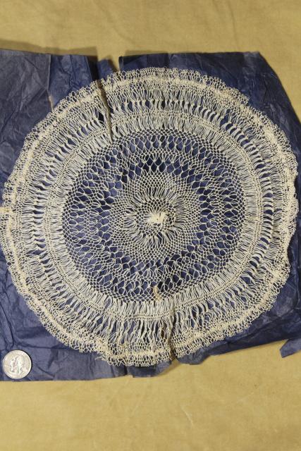 vintage cotton thread lace doilies, Madeira cobweb fine hairpin lace