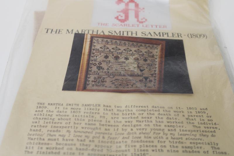 vintage counted cross stitch kit, antique reproduction sampler flax linen & embroidery floss 