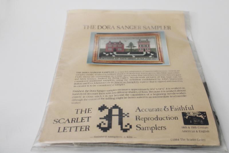 vintage counted cross stitch kit, antique reproduction sampler flax linen & embroidery floss 
