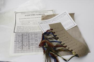 vintage counted cross stitch kit, primitive style sampler flax linen & embroidery floss