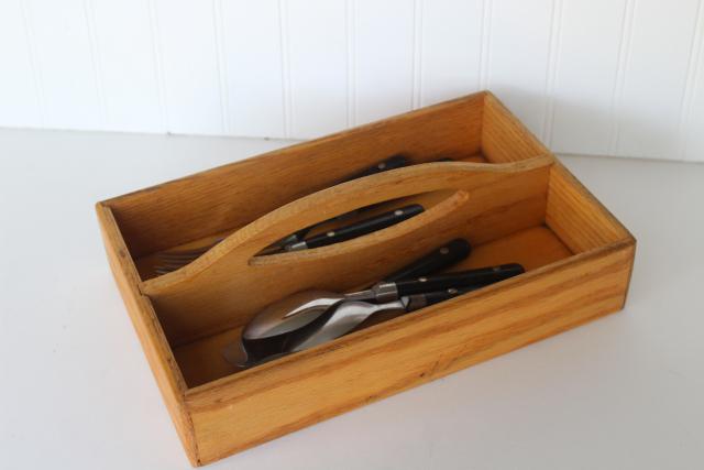 vintage country primitive pine knife box or silverware tray, wood tote w/ handle