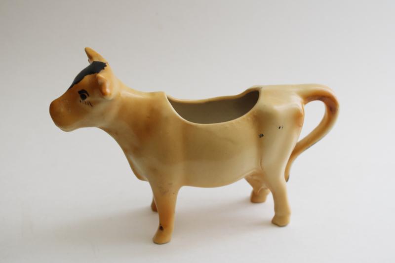 vintage cow creamer, hand painted brown cow rustic primitive folk art cow pitcher