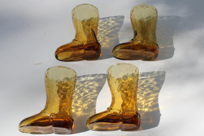 vintage cowboy boot figural amber glass drinking glasses, retro western style barware
