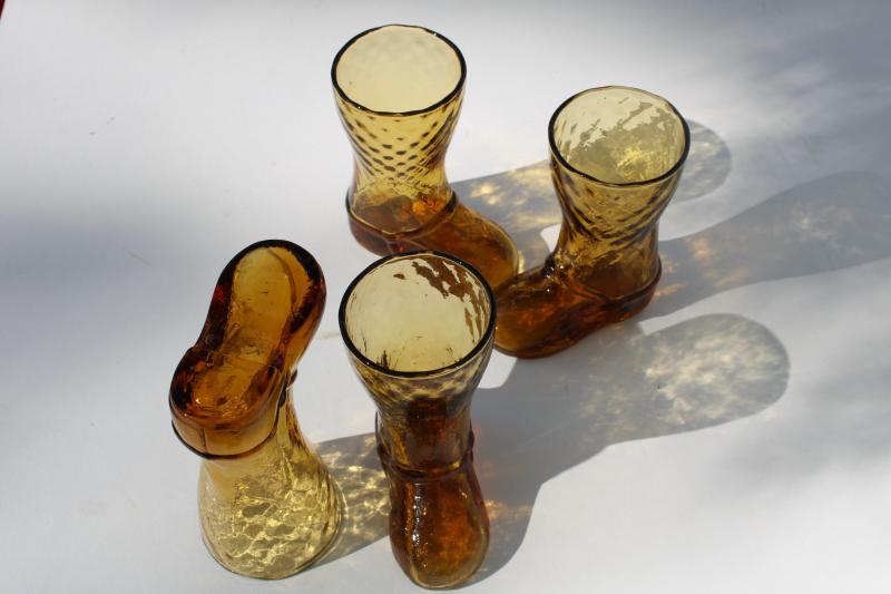 vintage cowboy boot figural amber glass drinking glasses, retro western style barware