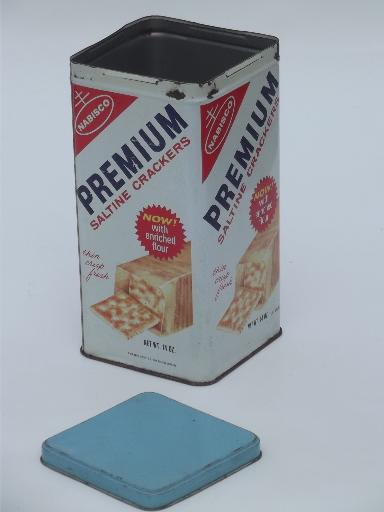 vintage cracker tin, crackers canister advertising Premium saltines dated 1969