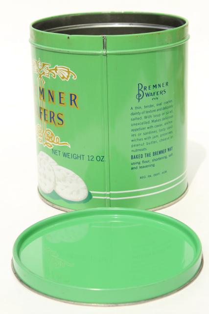 vintage cracker tin, mint green canister for Bremner Biscuit butter wafers crackers