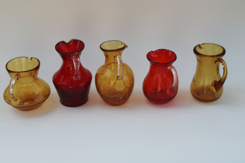 vintage crackle glass, collection of mini pitchers hand blown art glass amber, red, orange