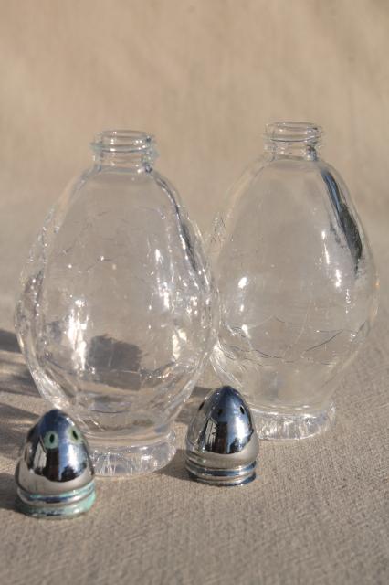 vintage crackle glass salt and pepper shakers, S&P set crystal clear glass