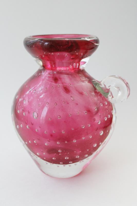 vintage cranberry / clear sommerso style glass vase, heavy hand blown glass w/ bubbles