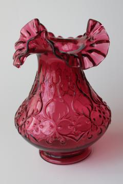 vintage cranberry glass, Fenton Spanish Lace tall crimped vase hand blown glass