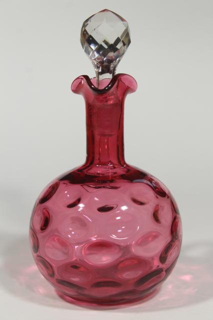 vintage cranberry glass cruet, thumbprint optic pattern glass, Fenton ruby?
