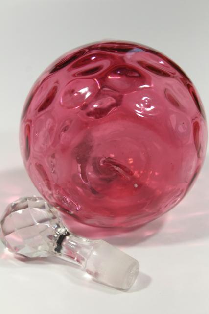 vintage cranberry glass cruet, thumbprint optic pattern glass, Fenton ruby?