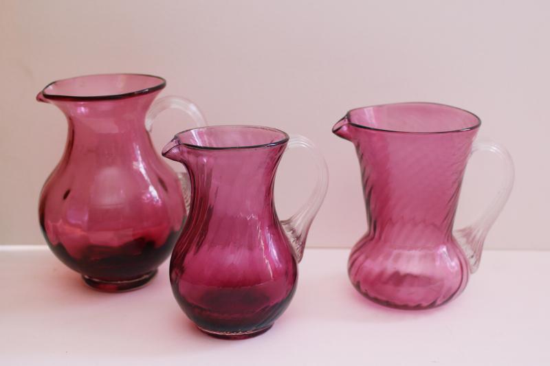 vintage cranberry glass, hand blown Pilgrim glass mini pitchers collection