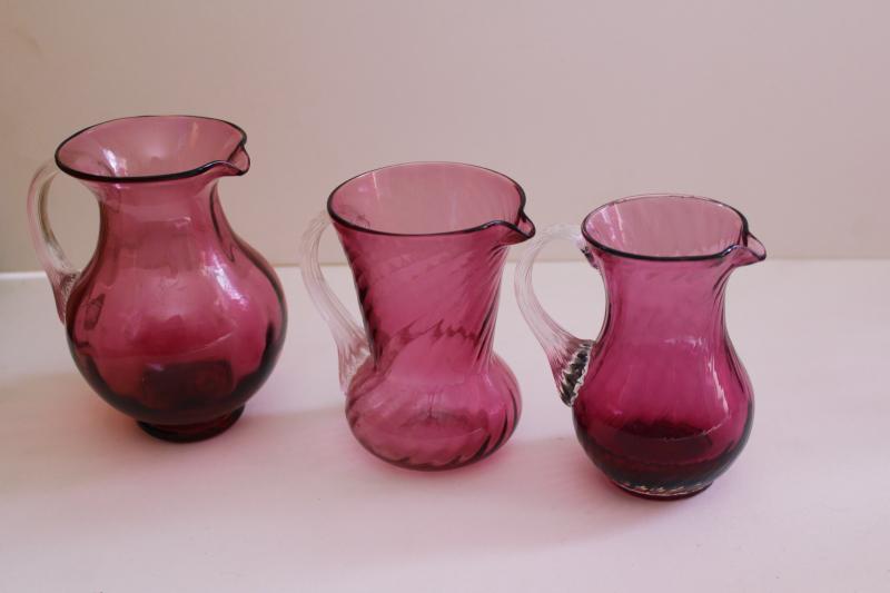 vintage cranberry glass, hand blown Pilgrim glass mini pitchers collection