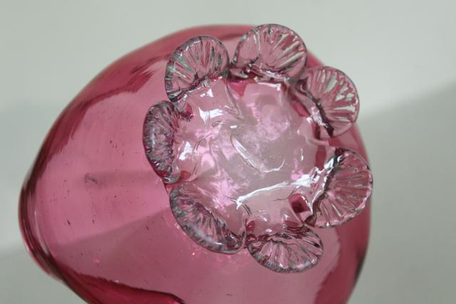 vintage cranberry glass, hand blown glass heart shape bowl nappy w/ clear glass feet