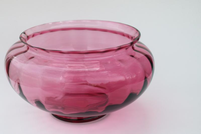 vintage cranberry glass, large flower bowl vase hand blown panel optic