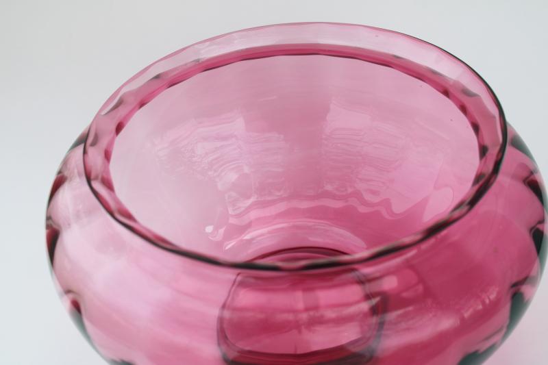 vintage cranberry glass, large flower bowl vase hand blown panel optic