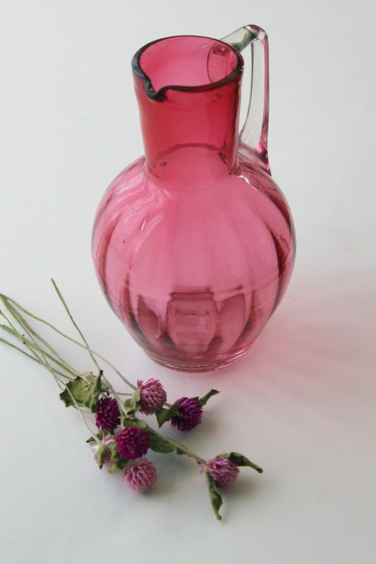 vintage cranberry glass pitcher, hand blown panel optic pattern glass