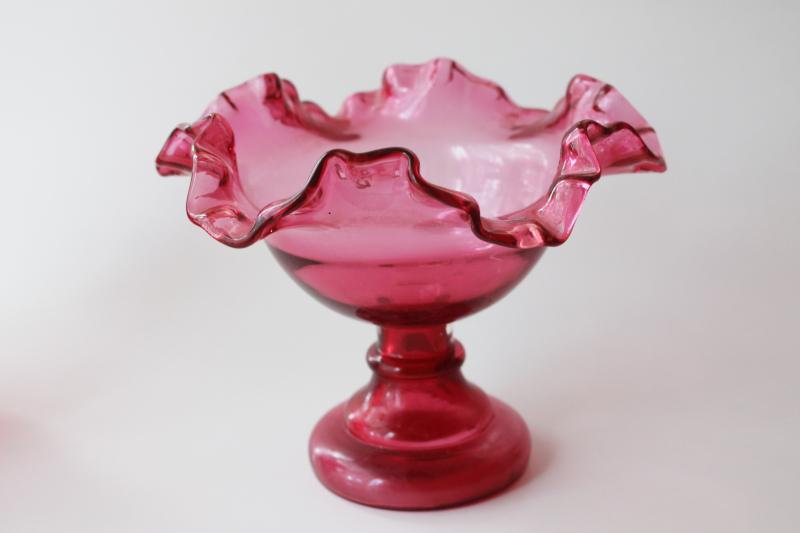 vintage cranberry glass vase, crimped bowl compote shape w/ hollow stem<