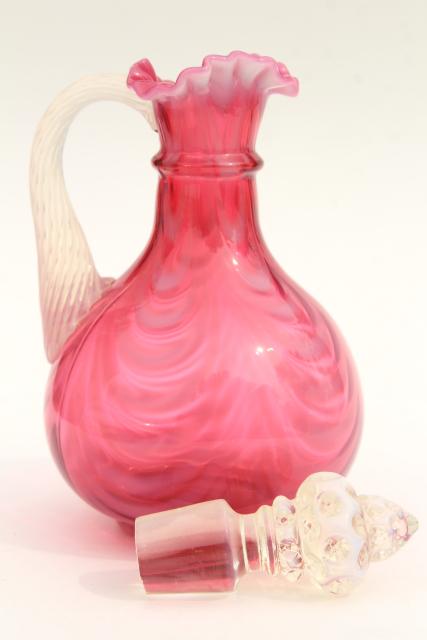 vintage cranberry opalescent glass cruet bottle, swag drape pattern glass