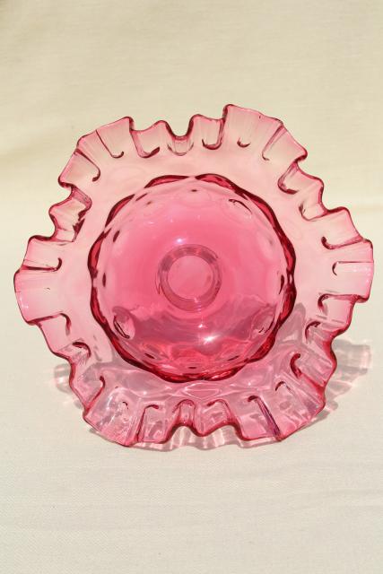 vintage cranberry thumbprint glass candy dish w/ crimped edge, clear glass stem