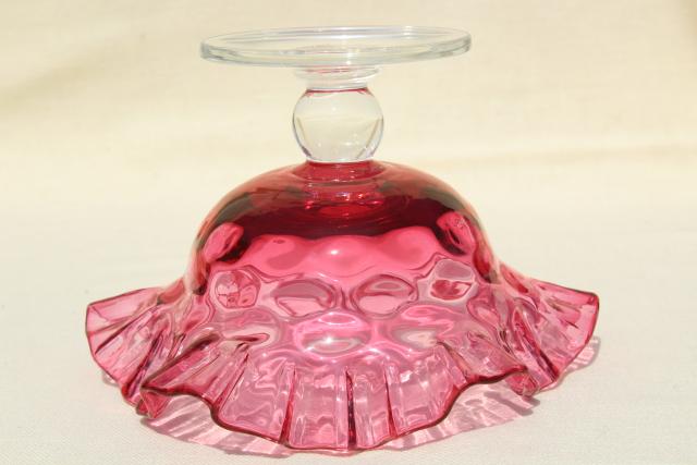 vintage cranberry thumbprint glass candy dish w/ crimped edge, clear glass stem
