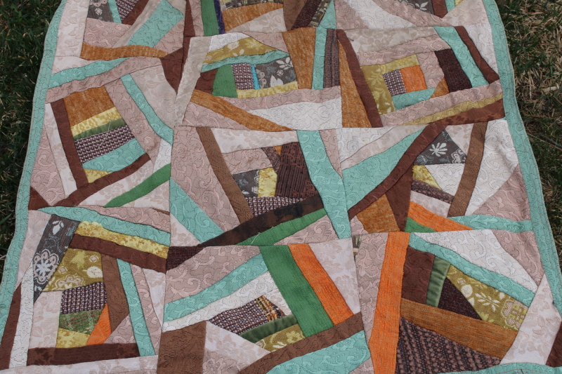 vintage crazy quilt patchwork blocks tapestry runner, mod abstract art made from brocade upholstery fabric