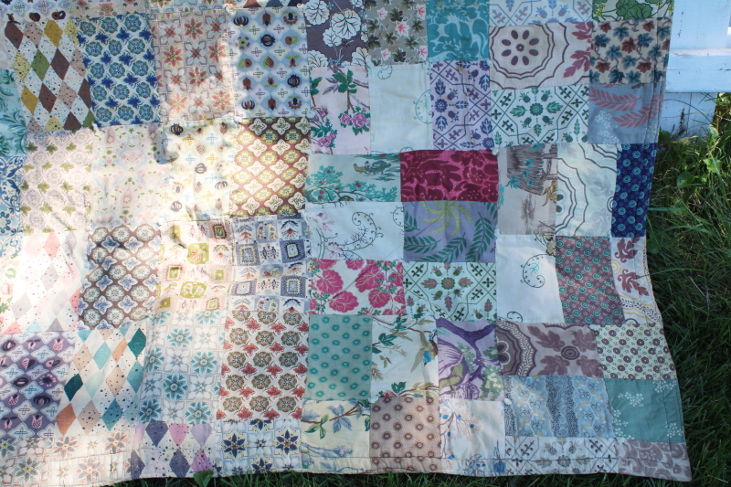 vintage crazy quilt, patchwork of sample swatches 1940s 1950s home decor fabrics