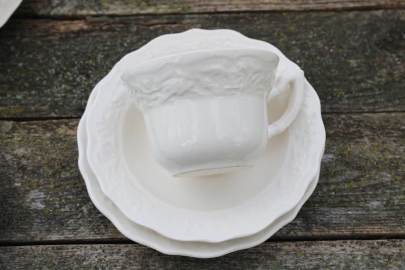 vintage creamware china cup saucer plate trios w/ embossed border, 1950s Vogue Mt Clemens pottery