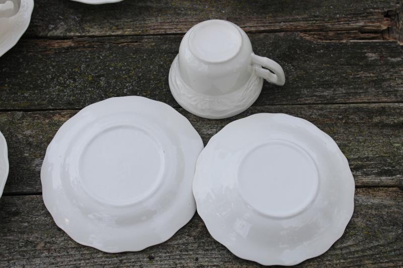 vintage creamware china cup saucer plate trios w/ embossed border, 1950s Vogue Mt Clemens pottery