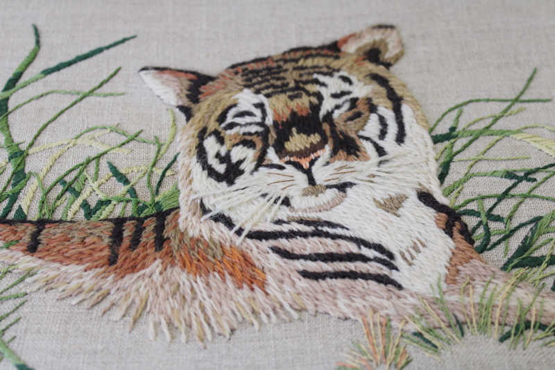 vintage crewel embroidery, hand stitched tiger embroidered wool on linen