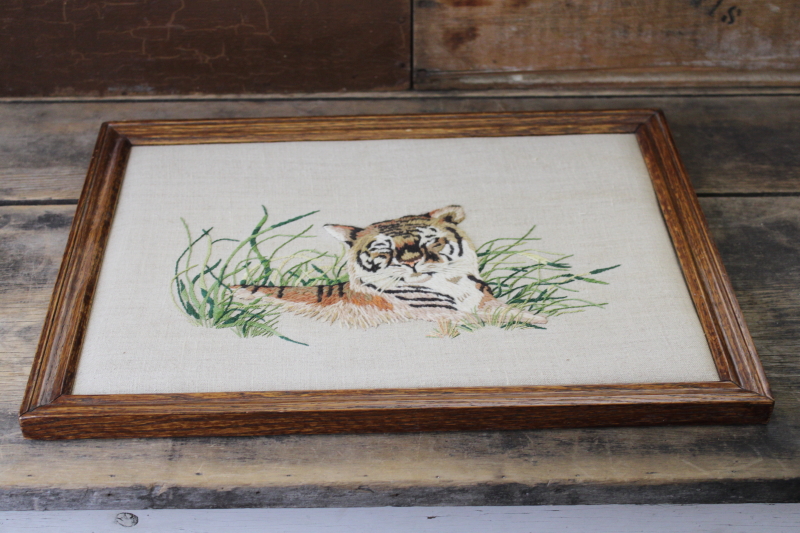 vintage crewel embroidery, hand stitched tiger embroidered wool on linen