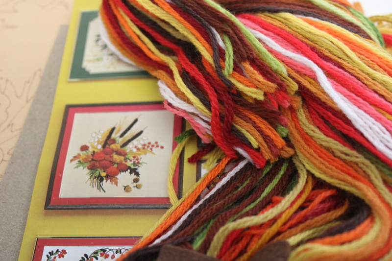 vintage crewel embroidery kit, 70s floral bouquet stamped fabric canvas