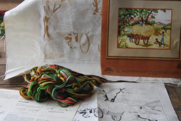 vintage crewel embroidery kit, colorful picture to embroider old fashioned farm scene making hay