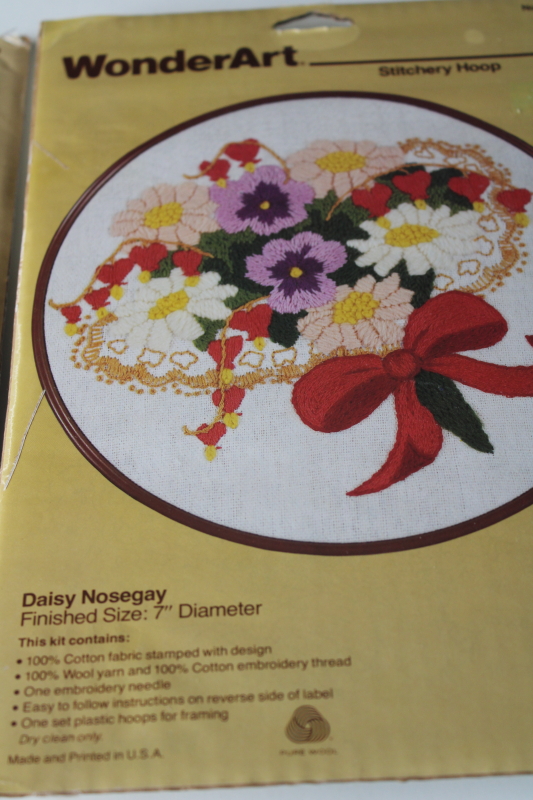 vintage crewel embroidery kits, flowers, strawberry love w/ hoop frames stamped fabric  yarn