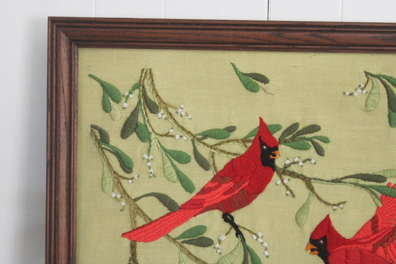 vintage crewel embroidery on linen, framed picture red cardinal birds on green winter holiday decor